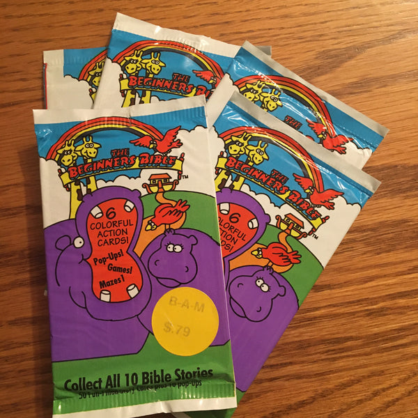 5 The Beginner Bible trading card packs featuring 10 bible stories